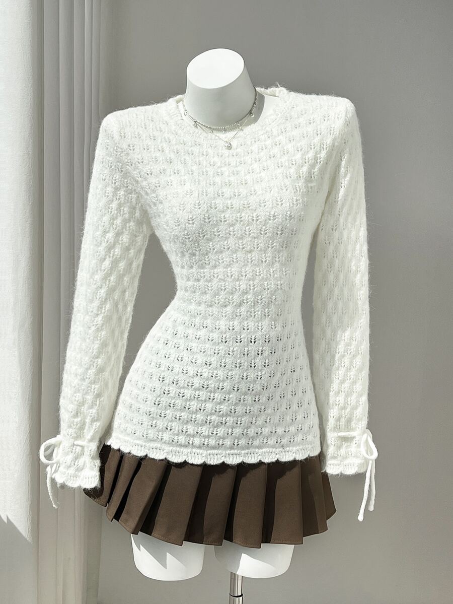 Elamini Sweater Rajut Pointelle Polos dengan Manset Tali Serut, Warna Putih, Cocok untuk Brunch, Musim Gugur, Romantis, Gaya Prancis, Elegan, untuk Sehari-hari, Kencan. - Putih - View 1