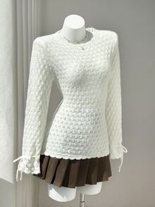 Elamini Sweater Rajut Pointelle Polos dengan Manset Tali Serut, Warna Putih, Cocok untuk Brunch, Musim Gugur, Romantis, Gaya Prancis, Elegan, untuk Sehari-hari, Kencan. - Putih - View 4