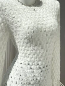 Elamini Sweater Rajut Pointelle Polos dengan Manset Tali Serut, Warna Putih, Cocok untuk Brunch, Musim Gugur, Romantis, Gaya Prancis, Elegan, untuk Sehari-hari, Kencan. - Putih - View 5