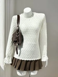 Elamini Sweater Rajut Pointelle Polos dengan Manset Tali Serut, Warna Putih, Cocok untuk Brunch, Musim Gugur, Romantis, Gaya Prancis, Elegan, untuk Sehari-hari, Kencan. - Putih - View 3