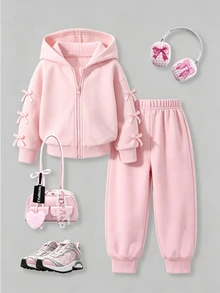 SHEIN Genkimix Kids Young Girl Bow Decor Hooded Jacket And Pants Set Autumn Fall - Pink - View 4