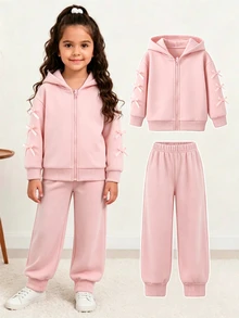 SHEIN Genkimix Kids Young Girl Bow Decor Hooded Jacket And Pants Set Autumn Fall - Pink - View 5