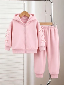 SHEIN Genkimix Kids Young Girl Bow Decor Hooded Jacket And Pants Set Autumn Fall - Pink - View 6