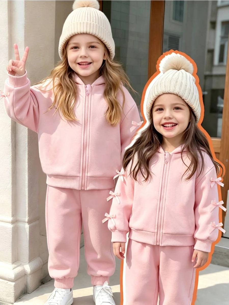 SHEIN Genkimix Kids Young Girl Bow Decor Hooded Jacket And Pants Set Autumn Fall