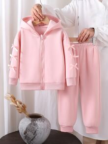 SHEIN Genkimix Kids Young Girl Bow Decor Hooded Jacket And Pants Set Autumn Fall - Pink - View 7