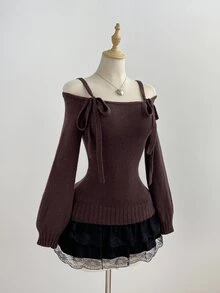 Elamini Sweater Pullover Off-Shoulder Wanita Gaya Santai Musim Gugur/Dingin Vintage untuk Sehari-hari dengan Tali Simpul Pita - Coklat - View 1