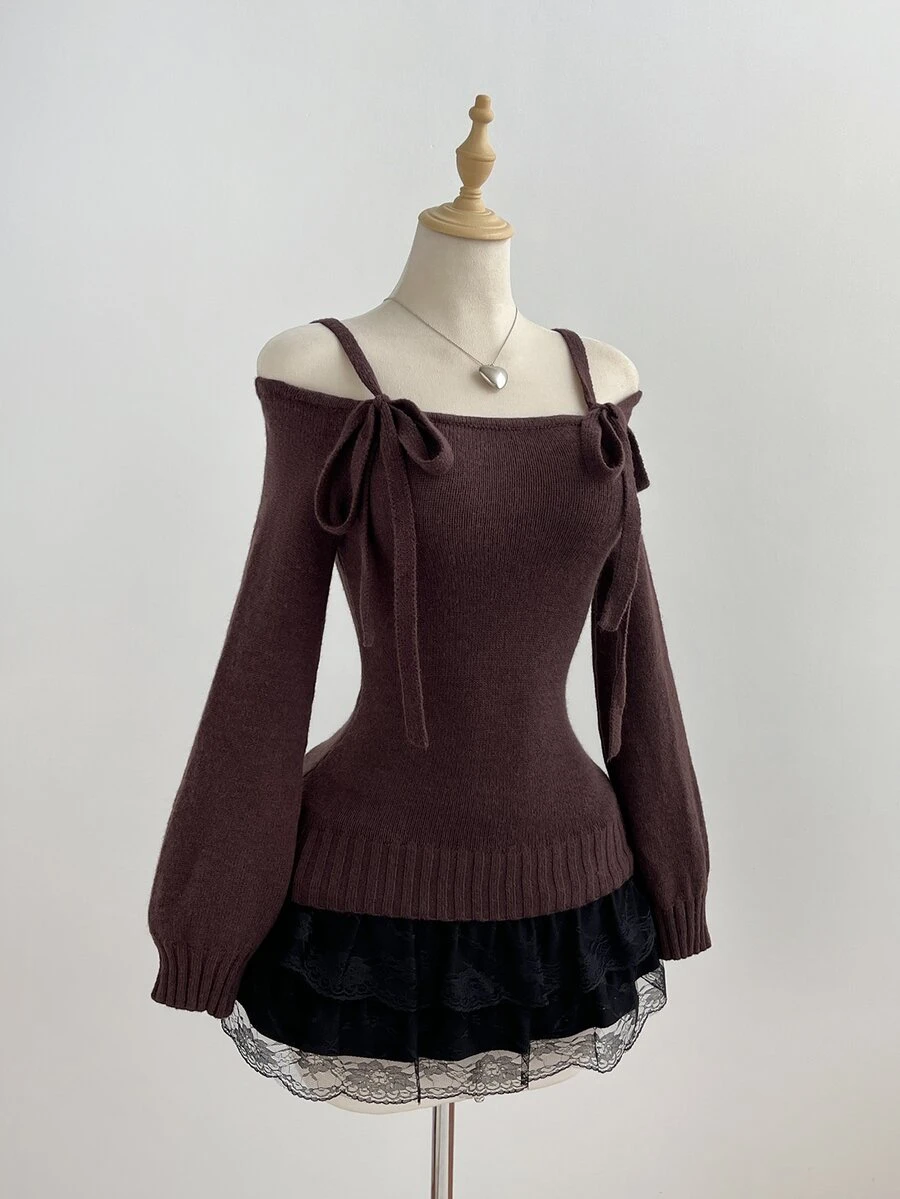 Elamini Sweater Pullover Off-Shoulder Wanita Gaya Santai Musim Gugur/Dingin Vintage untuk Sehari-hari dengan Tali Simpul Pita - Coklat - View 1
