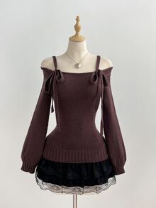 Elamini Sweater Pullover Off-Shoulder Wanita Gaya Santai Musim Gugur/Dingin Vintage untuk Sehari-hari dengan Tali Simpul Pita - Coklat - View 3