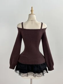 Elamini Sweater Pullover Off-Shoulder Wanita Gaya Santai Musim Gugur/Dingin Vintage untuk Sehari-hari dengan Tali Simpul Pita - Coklat - View 2