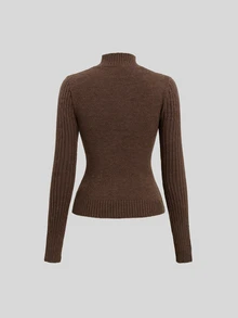 Sweetra Women's Autumn/Winter Casual Solid Color Stand Collar Sweater - Brown - View 3