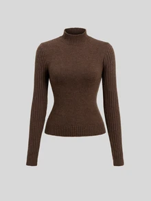 Sweetra Women's Autumn/Winter Casual Solid Color Stand Collar Sweater - Brown - View 1
