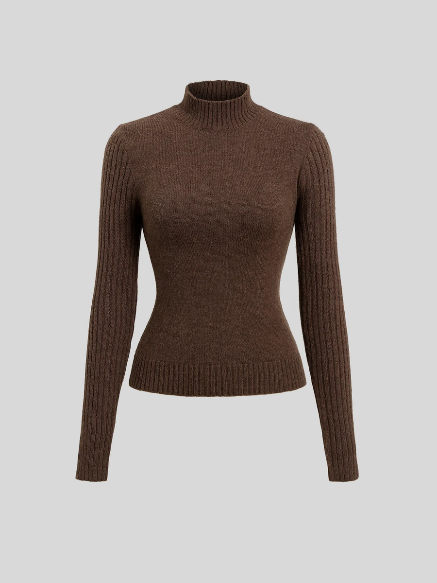 Sweetra Women's Autumn/Winter Casual Solid Color Stand Collar Sweater - Brown - View 1