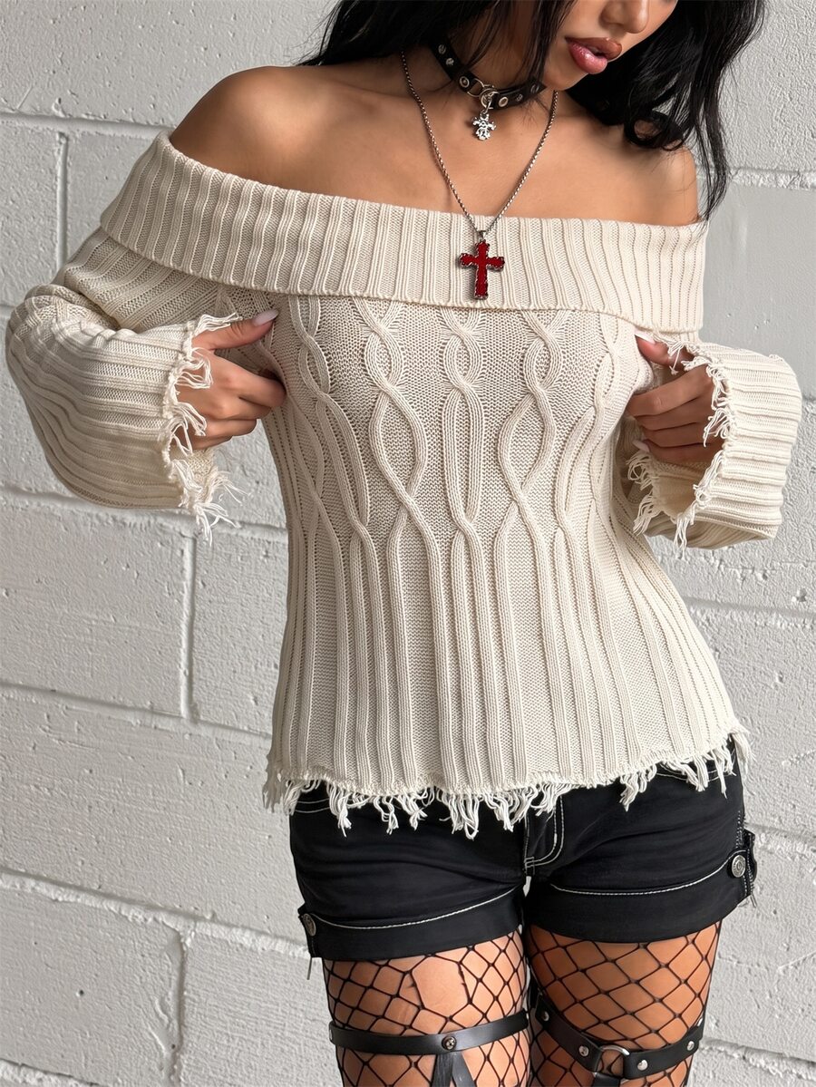 Jeanoix Y2K Grunge Sexy Cold Shoulder Cable Knit Long Sleeve Top Fringe Hem Vintage Apricot Slim Fit Ribbed Fairy Blouse Night Out Everyday Fall Halloween - Khaki - View 1