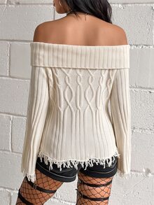 Jeanoix Y2K Grunge Sexy Cold Shoulder Cable Knit Long Sleeve Top Fringe Hem Vintage Apricot Slim Fit Ribbed Fairy Blouse Night Out Everyday Fall Halloween - Khaki - View 2