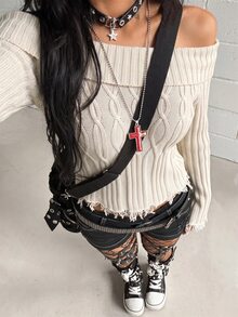 Jeanoix Y2K Grunge Sexy Cold Shoulder Cable Knit Long Sleeve Top Fringe Hem Vintage Apricot Slim Fit Ribbed Fairy Blouse Night Out Everyday Fall Halloween - Khaki - View 4