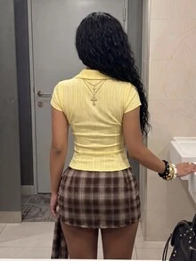 StreetHx 女款格子綁帶迷你裙 夜店派對棕色格子 秋冬性感 - 彩色 - 查看 2