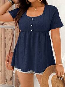 EMERY ROSE Plus Size Women's Casual Vacation & Commute Solid Color Schiffy Babydoll Tee, Summer - Navy Blue - View 5