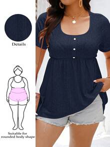 EMERY ROSE Plus Size Women's Casual Vacation & Commute Solid Color Schiffy Babydoll Tee, Summer - Navy Blue - View 7