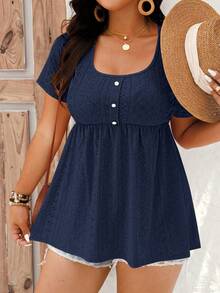 EMERY ROSE Plus Size Women's Casual Vacation & Commute Solid Color Schiffy Babydoll Tee, Summer - Navy Blue - View 6