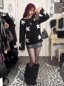 StreetHx 女款秋冬慵懶街頭風 Grunge Goth 破舊設計星星圖案不對稱肩領套頭毛衣，萬聖節之夜黑白配色 - 彩色 - 查看 10
