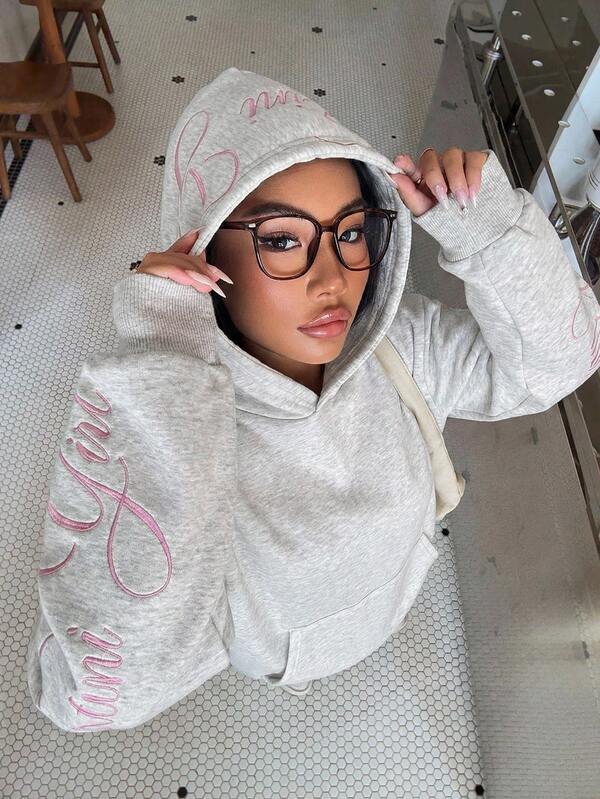 Tween Girl Light Gray Tween Girl Knitted Hooded Loose Sweatshirt, With Embroidered Design, Autumn/Winter Clothing Back To School Long Sleeve Top Outfit