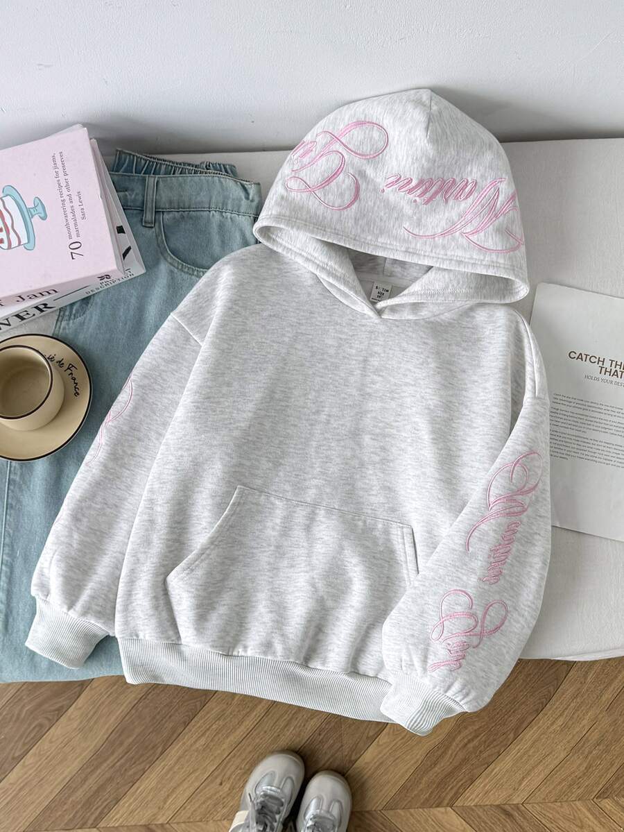 青少年女孩淺灰色針織連帽寬鬆衛衣,附刺繡設計,秋冬返校長袖上衣套裝 - 灰色 - 查看 1