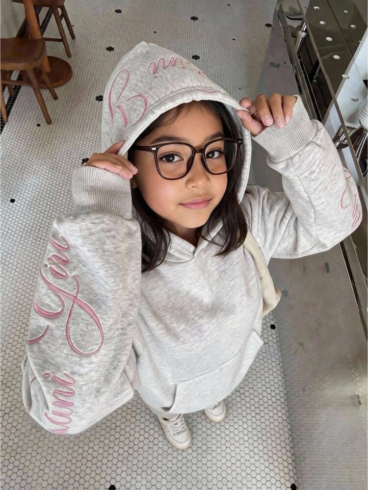 Tween Girl Light Gray Tween Girl Knitted Hooded Loose Sweatshirt, With Embroidered Design, Autumn/Winter Clothing Back To School Long Sleeve Top Outfit - Grey - View 8