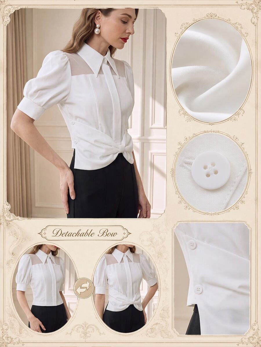 Suri Mira Women's Solid Color Pleated Casual Versatile Daily Wear Blouse - White - View 1