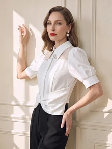 Suri Mira Women's Solid Color Pleated Casual Versatile Daily Wear Blouse - White - View 5