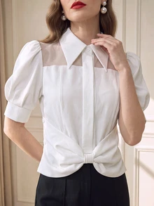 Suri Mira Women's Solid Color Pleated Casual Versatile Daily Wear Blouse - White - View 6
