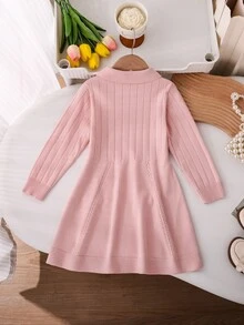 SHEIN 女童海軍藍針織洋裝，秋冬新品，學院風、航海風、小公主風，領口設計，藍白配色拼接，適合多種場合、外出、上學等 - 粉色 - 查看 2