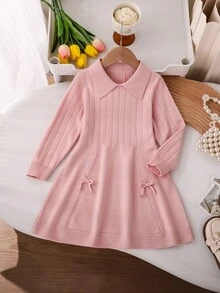 SHEIN 女童海軍藍針織洋裝，秋冬新品，學院風、航海風、小公主風，領口設計，藍白配色拼接，適合多種場合、外出、上學等 - 粉色 - 查看 5