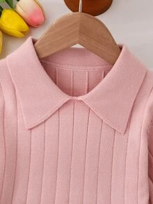 SHEIN 女童海軍藍針織洋裝，秋冬新品，學院風、航海風、小公主風，領口設計，藍白配色拼接，適合多種場合、外出、上學等 - 粉色 - 查看 4