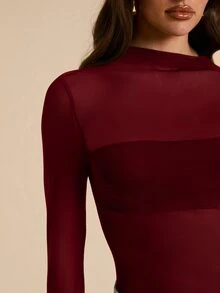 SHEIN BAE 女款素色修身百搭無袖連身衣，適合日常穿著 - 酒紅色 - 查看 4