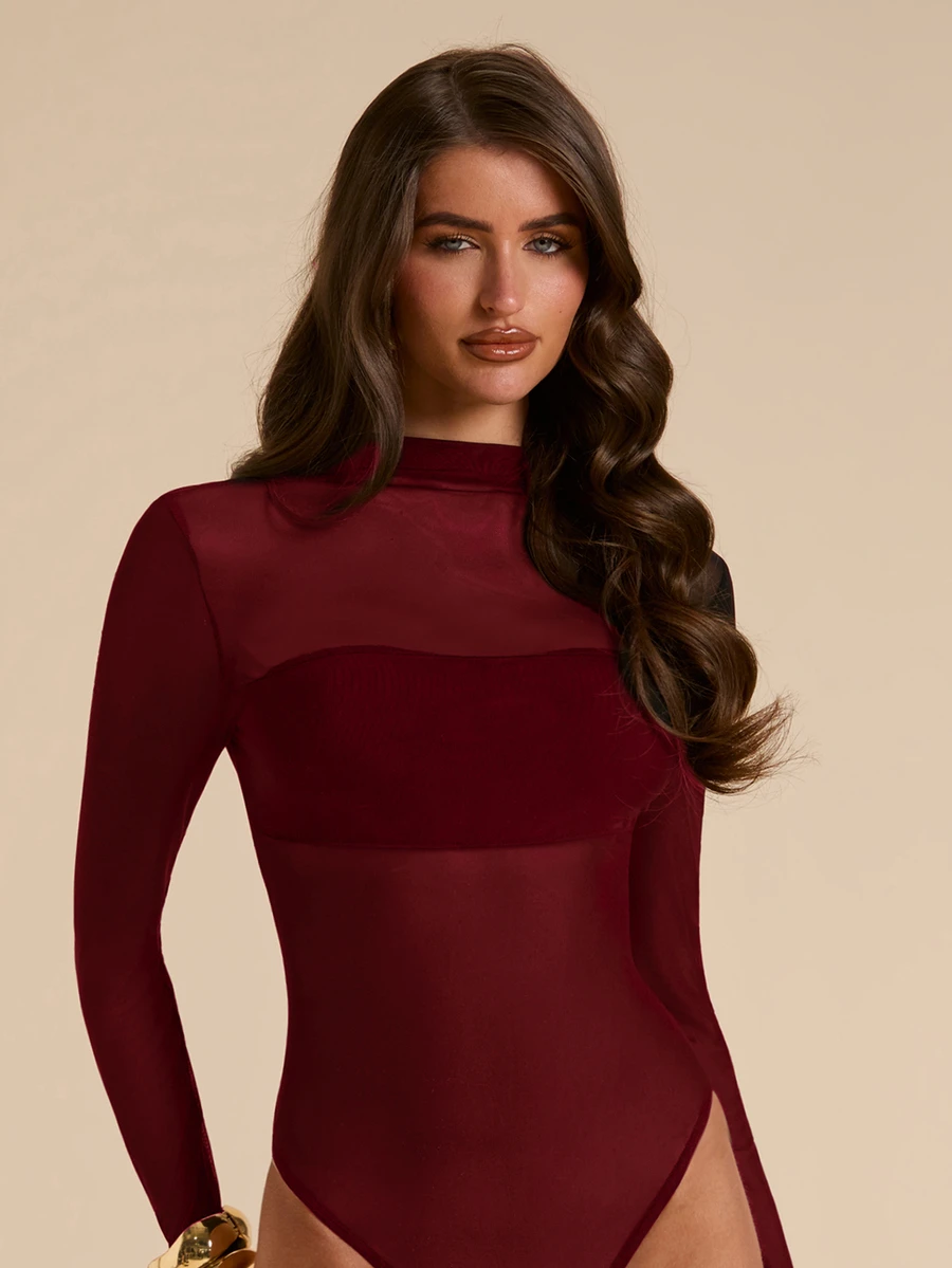 SHEIN BAE 女款素色修身百搭無袖連身衣,適合日常穿著 - 酒紅色 - 查看 1
