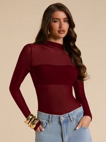 SHEIN BAE 女款素色修身百搭無袖連身衣，適合日常穿著 - 酒紅色 - 查看 5
