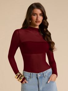 SHEIN BAE 女款素色修身百搭無袖連身衣，適合日常穿著 - 酒紅色 - 查看 6