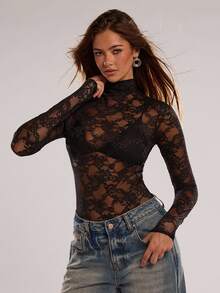 SHEIN BAE 女款優雅性感蕾絲立領透視修身連身衣，黑色長袖，夜店外出上衣，派對約會透視款，萬聖節夏季 - 黑色 - 查看 3