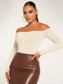 SHEIN BAE Off Shoulder Solid Bodysuit - Apricot - View 4
