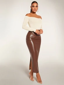 SHEIN BAE Off Shoulder Solid Bodysuit - Apricot - View 3