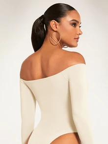 SHEIN BAE Off Shoulder Solid Bodysuit - Apricot - View 2
