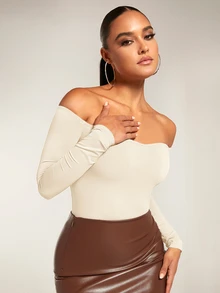 SHEIN BAE Off Shoulder Solid Bodysuit - Apricot - View 6