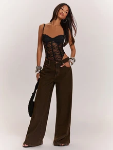 SHEIN BAE Spring/Summer Music Festival Party Streetwear Lace Camisole Sleeveless Bodysuit Suitable For Daily Wear, Clubbing, Concert Fall Halloween - Black - View 3