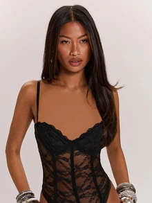 SHEIN BAE Spring/Summer Music Festival Party Streetwear Lace Camisole Sleeveless Bodysuit Suitable For Daily Wear, Clubbing, Concert Fall Halloween - Black - View 7