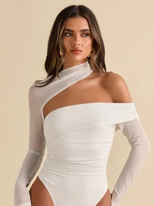 SHEIN BAE Women's Long Sleeve Mesh Asymmetrical Neck Ruched Bodycon Tops, Autumn/Winter - White - View 5
