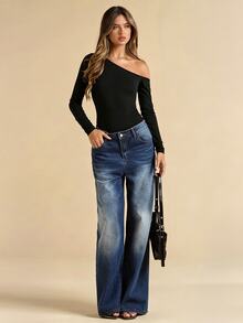 SHEIN BAE Women's Solid Black Asymmetrical Neck Hollow-Out Sexy Bodysuit, Black Bodysuit, Spring/Summer - Black - View 2