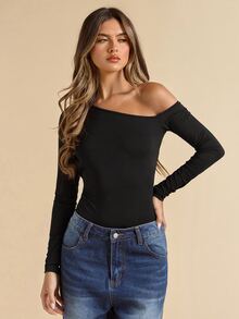 SHEIN BAE Women's Solid Black Asymmetrical Neck Hollow-Out Sexy Bodysuit, Black Bodysuit, Spring/Summer - Black - View 7