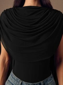 SHEIN BAE Elegant Sexy Black Night Out Burgundy Round Neck Ribbon Fitted Bodysuit For Women, Summer Formal Cocktail Party Graduation Halloween Party - Black - View 4