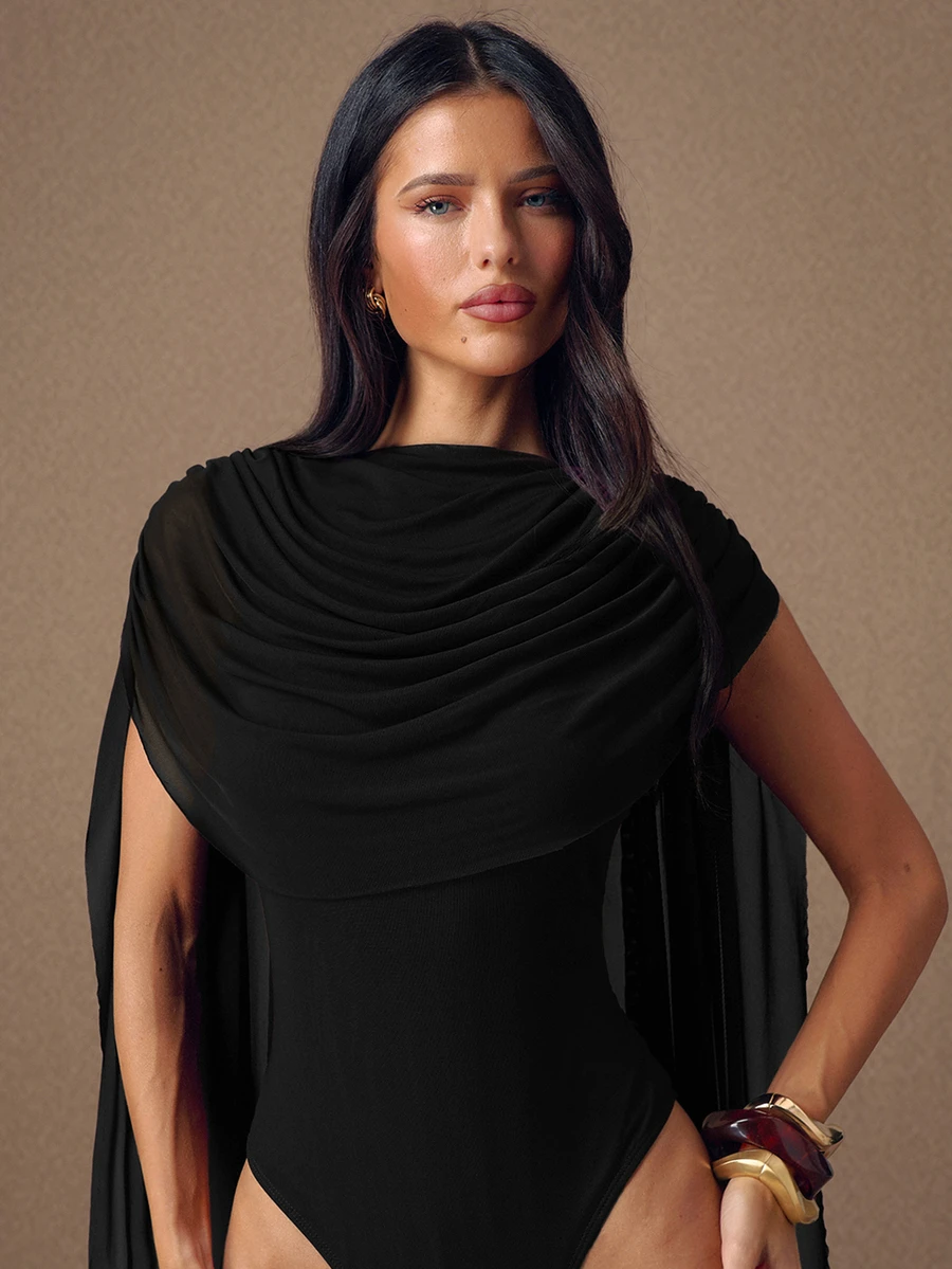 SHEIN BAE Elegant Sexy Black Night Out Burgundy Round Neck Ribbon Fitted Bodysuit For Women, Summer Formal Cocktail Party Graduation Halloween Party - Black - View 1