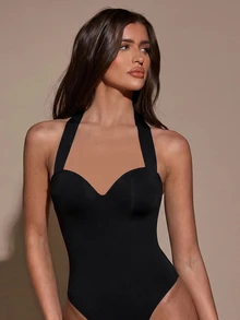 SHEIN BAE Women's Solid Color Halter Neck Fitted Versatile Daily Outing Bodysuit Halloween Night Out Club Black Summer Sexy - Black - View 1